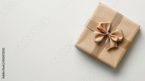 Golden gift box tied with satin ribbon isolated on beige background,Gift box with kraft paper and a brown ribbon on a light blue background, gift box with golden ribbon 