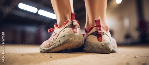 Cropped frame of female foot in climbing shoes and hands covered with magnesia powder sitting in bouldering gym. copy space available photo