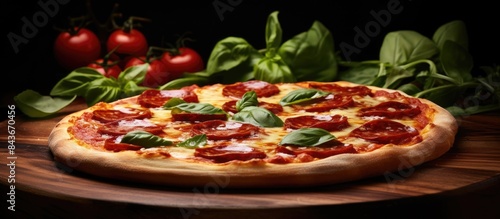 Delicious homemade pepperoni pizza topped with fragrant fresh basil leaves. copy space available