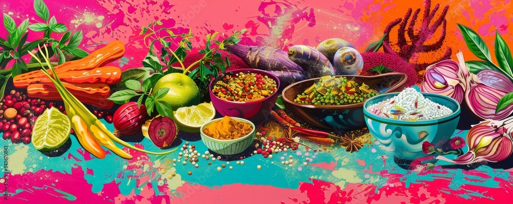 A colorful image of a table with a variety of food items, including carrots A colorful image of a table with a variety of food items, including carrots