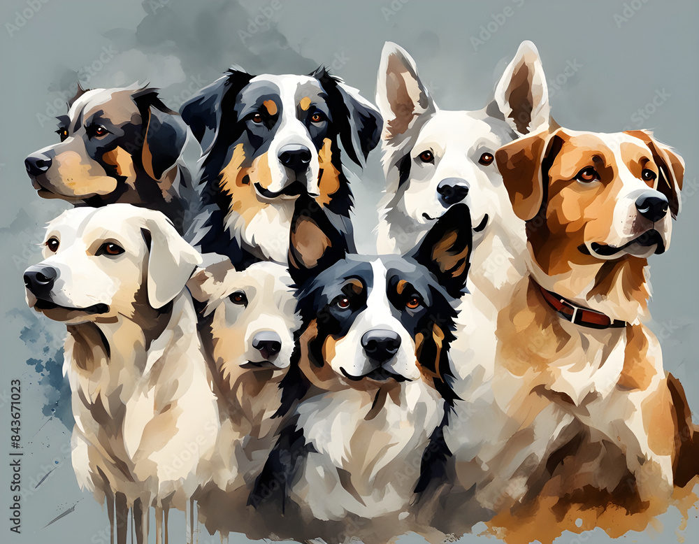 Artistic image of a pack of dogs. collection of canvas art animal paintings Artistic image of a pack of dogs. collection of canvas art animal paintings
