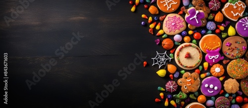 Bright colorful Halloween gingerbread cookies and sweet background Homemade biscuits with cookie cutters sugar sprinkles and candies High colored Halloween treats flat lay top view copy space