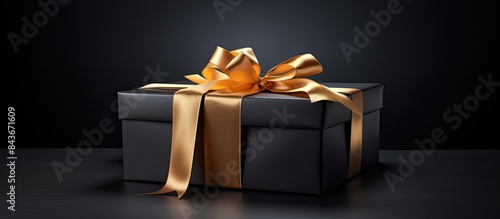 Gift box or present box with black golden ribbon on black background. copy space available © Gular