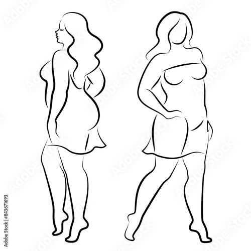 Collection. Silhouette figure of a slender woman. The girl is standing. The girl is full of beauty and sexuality. Girl is overweight vector illustration set.