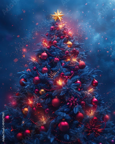 A beautifully decorated Christmas tree with colorful ornaments and lights against a dark, starry night sky.