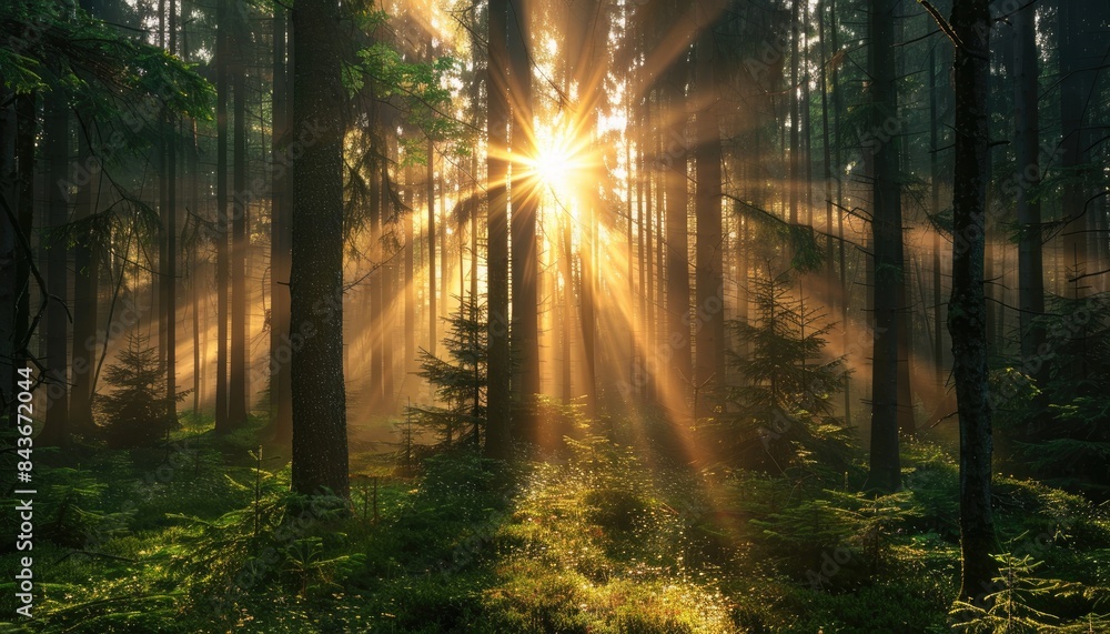 Naklejka premium Spectacular sun rays shining through woods and tree in the dense forest. Green and lust forest on a beautiful summer day
