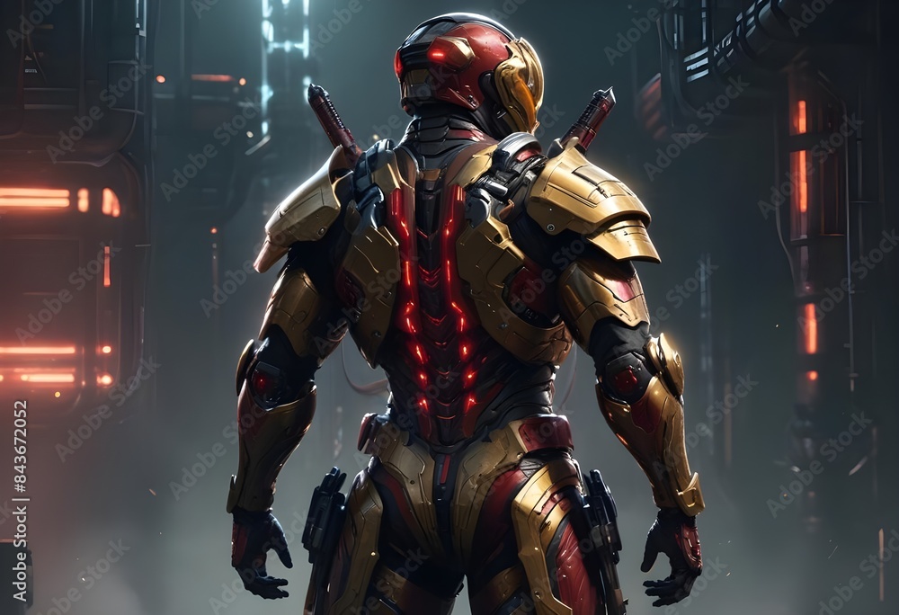 Naklejka premium A muscular robot designed as a samurai, ready for battle