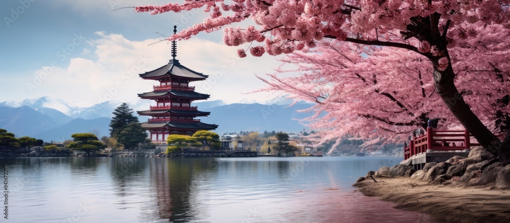 cherry blossom with pagoda at miyajima. copy space available cherry blossom with pagoda at miyajima. copy space available