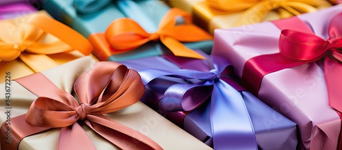 Gifts packed with craft paper and colorful satin ribbons. copy space available