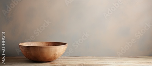 Kitchenware with wooden bowl on wooden table over wall background. copy space available