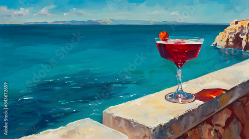 A crimson beverage with a frothy top and a single olive. Resting in a sophisticated goblet on the brink of a stone parapet. Gazing at the turquoise sea.  photo