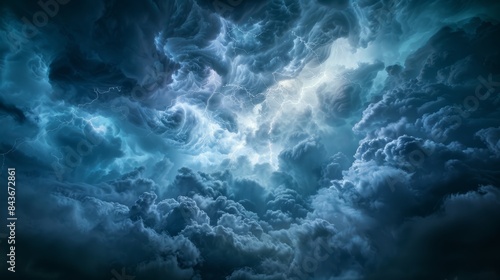 An aerial view of a stormy sky with dark clouds and flashes of lightning, illustrating the power of nature © Ilia Nesolenyi