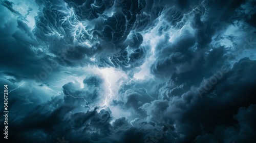 A captivating image of a stormy sky captured from a high angle, showcasing dark, swirling clouds illuminated by powerful flashes of lightning © Ilia Nesolenyi