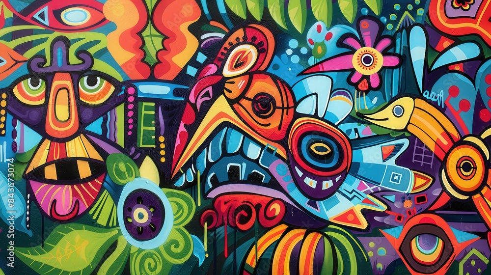 Cultural Fusion - Vibrant Graffiti Mural Blending Diverse Elements in Harmonious Composition Cultural Fusion - Vibrant Graffiti Mural Blending Diverse Elements in Harmonious Composition