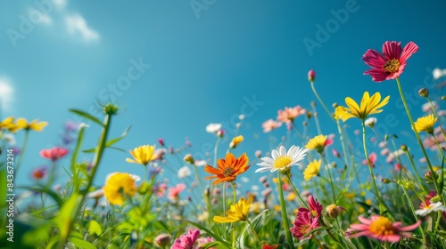 A low angle view of a field bursting with colorful wildflowers in bloom against a bright blue sky on a sunny spring day © Ilia Nesolenyi