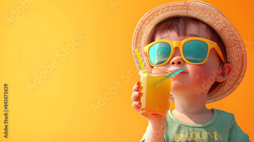 A cute little boy wearing sunglasses and a summer hat drinking juice with a straw. on a solid color background