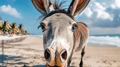 Beach summer panoramic background with big eye cute Mule on the sand © ai studio