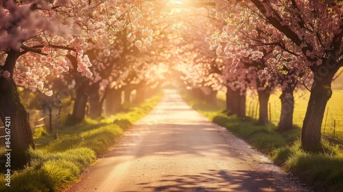  Medium photo of a countryside road lined with blossoming cherry trees with sunlight filtering through the branches 