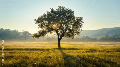 A solitary tree stands in a picturesque meadow bathed in golden sunlight  the rising sun filtering through its branches and casting long shadows