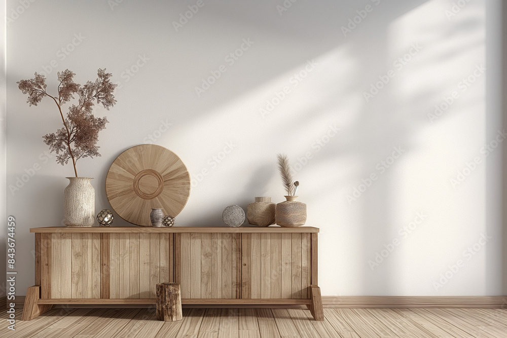 wooden cabinet with home decorations,A 3D interior illustration featuring a wooden cabinet with home decorations, set on a wooden floor against a white wall wooden cabinet with home decorations,A 3D interior illustration featuring a wooden cabinet with home decorations, set on a wooden floor against a white wall