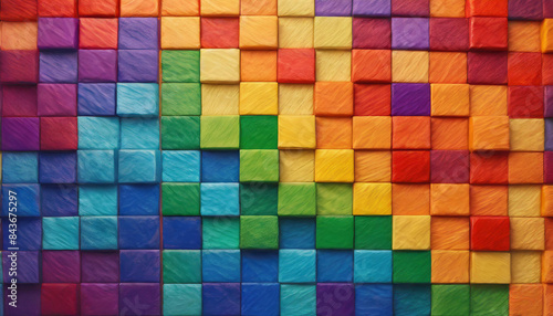 background of symmetrically arranged squares painted in the colors of the LGBT flag paint, abstract texture wallpaper rainbow summer	
