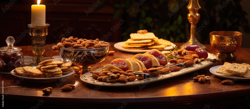 Fototapeta premium A beautifully set table at the Festive Mimouna celebration features a variety of Jewish Moroccan treats including Mofletta a scrumptious Sephardic Jewish pancake Among the delightful offerings are Za