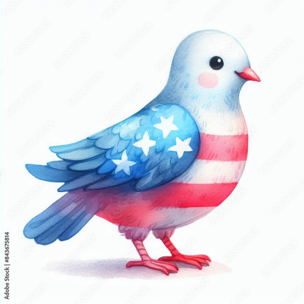 Fototapeta premium A cartoon bird with a red, white, and blue striped shirt and stars on its wings