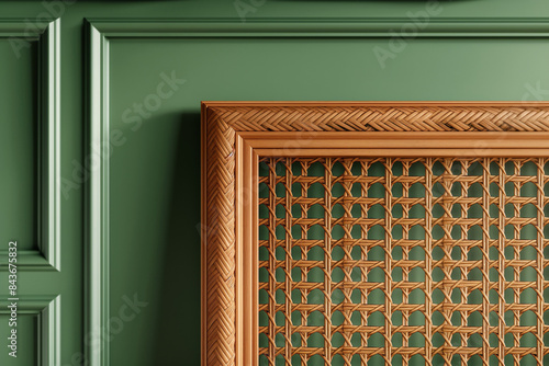 A 3D rendering of a close-up mockup frame in a green living room interior, featuring wooden rattan furniture photo