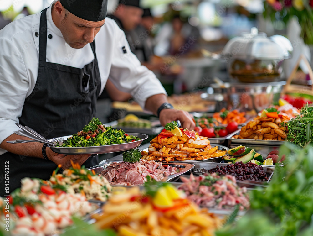 Obraz premium Chef Preparing Buffet at Catering Event