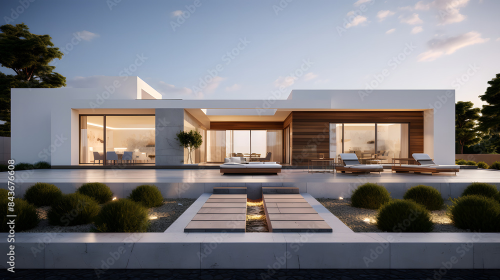 Modern House Exterior with Clean Lines and Large Glass Windows Reflecting Sunset Modern House Exterior with Clean Lines and Large Glass Windows Reflecting Sunset