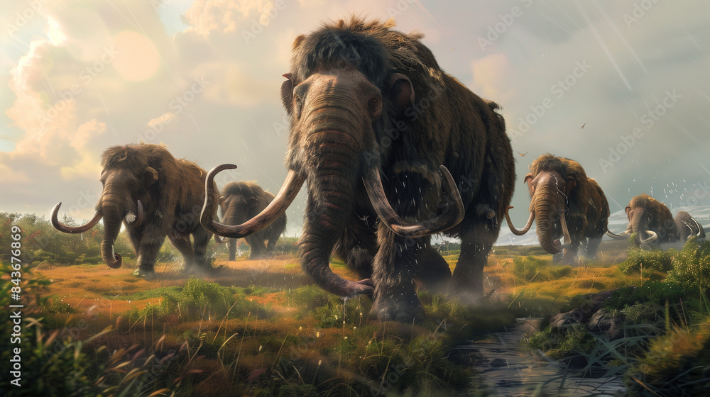 Fototapeta premium A group of mammoths walking on grassy plains in an ancient prehistoric environment. These powerful creatures dominate the landscape, reminding us of ancient times.