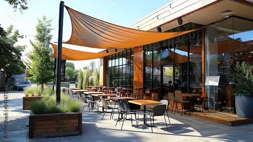 Elegant cantilever pole supporting a large shade sail in a contemporary outdoor cafe setting
