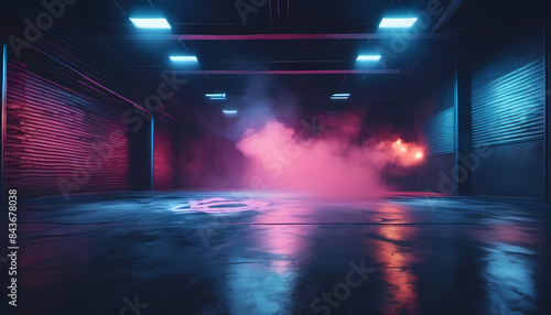 A dark empty street, dark blue background, an empty dark scene, neon light, spotlights The asphalt floor and studio room with smoke float up the interior texture. night view