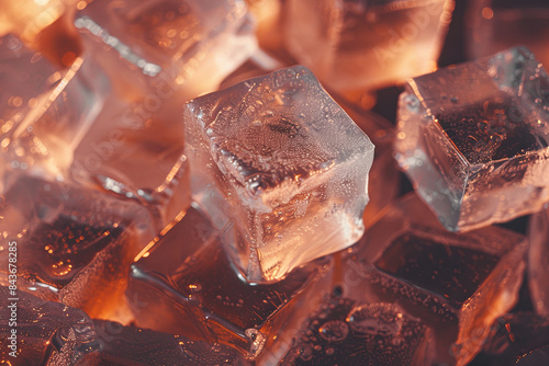 Ice cubes or blocks used for preparing refreshing cocktails or drinks photo
