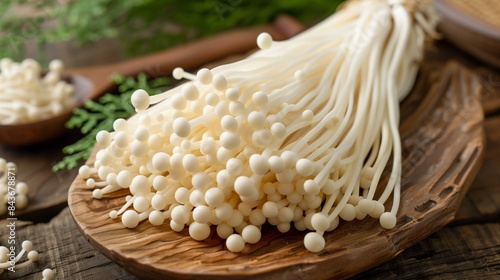 White enoki mushrooms on wooden plate, beech mushroom flammulina velutipes edible mushroom buna shimeji photo