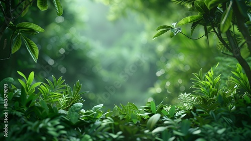 Lush green foliage dense jungle with sunlight filtering leaves in background small clearing in foreground  wild untamed exotic explore