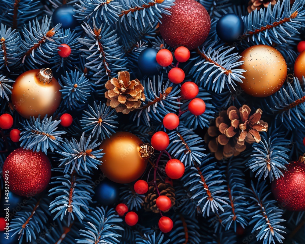 Festive close-up of blue pine branches adorned with red and gold Christmas ornaments, pine cones, and red berries, perfect holiday decor. Festive close-up of blue pine branches adorned with red and gold Christmas ornaments, pine cones, and red berries, perfect holiday decor.