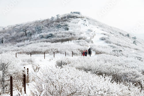 View of the people walking up on the snow-covered mountain