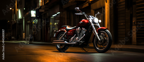 A sleek and powerful motorcycle parked under streetlights at night, representing freedom and adventure.