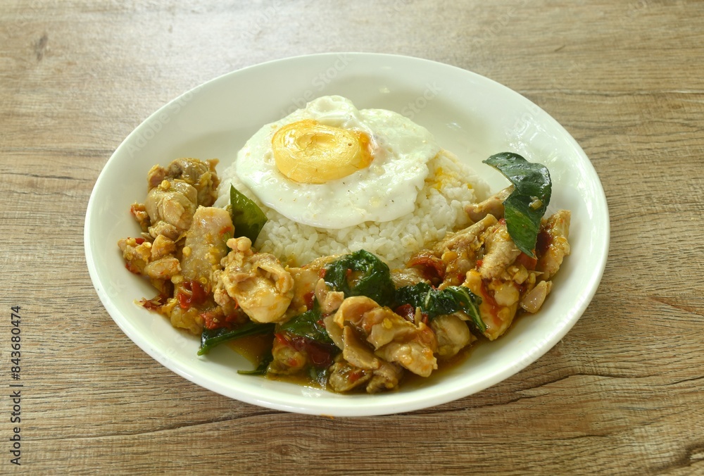 spicy stir fried chicken with mashed dry chili and basil on rice topping egg in plate spicy stir fried chicken with mashed dry chili and basil on rice topping egg in plate