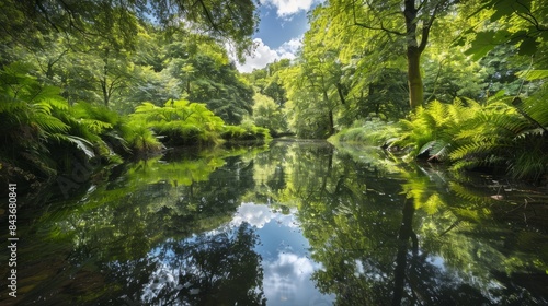 A peaceful pond in a lush forest  with reflections of trees and clouds in the still water
