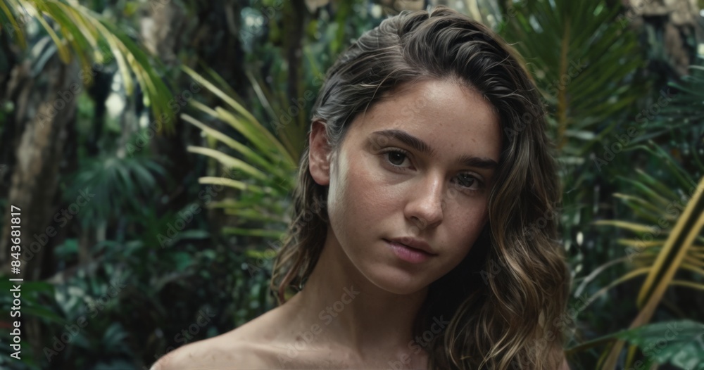 Close-up portrait of a beautiful girl on the background of a tropical forest Close-up portrait of a beautiful girl on the background of a tropical forest