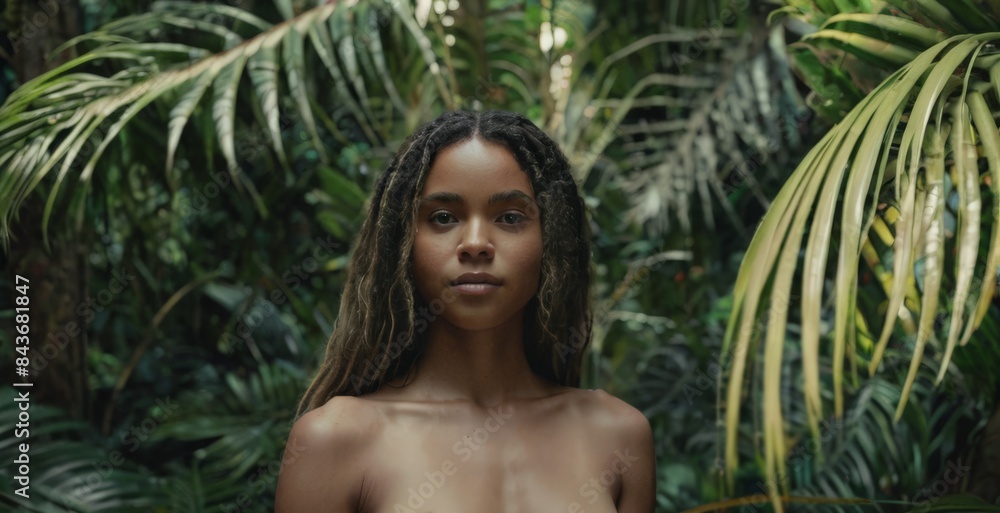 Close-up portrait of a beautiful girl on the background of a tropical forest Close-up portrait of a beautiful girl on the background of a tropical forest