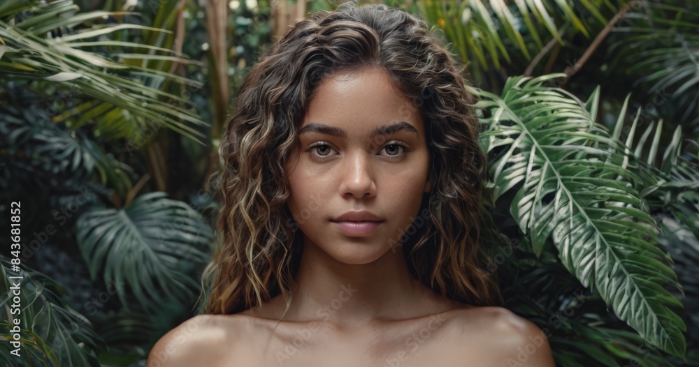 Close-up portrait of a beautiful girl on the background of a tropical forest Close-up portrait of a beautiful girl on the background of a tropical forest