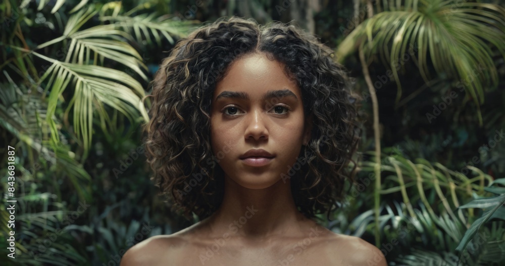 Close-up portrait of a beautiful girl on the background of a tropical forest Close-up portrait of a beautiful girl on the background of a tropical forest