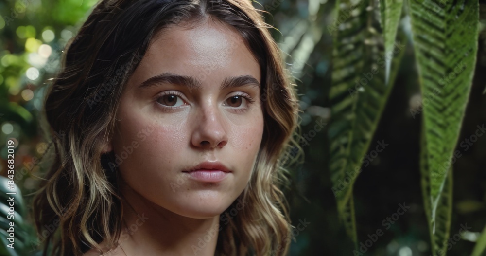 Close-up portrait of a beautiful girl on the background of a tropical forest Close-up portrait of a beautiful girl on the background of a tropical forest
