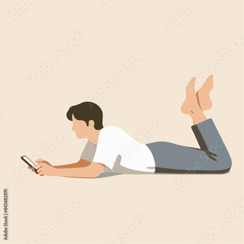 illustration of person lying around with holding a phone. flat vector illustration