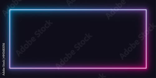 neon rectangle with blue and pink - violet gradient color isolated on dark background near black. vector bright light element of illustration