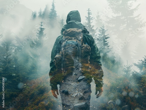Double exposure of a hiker and a forest trail © FoxGrafy