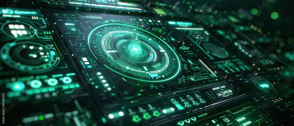 High-tech interface with HUD elements, sci-fi style, green hues, copy space High-tech interface with HUD elements, sci-fi style, green hues, copy space